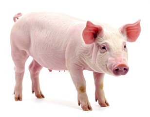 A pink piglet with erect ears and a curly tail