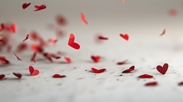 A gentle shower of crimson paper hearts descends, creating a tender and romantic scattering on a delicate surface, symbolizing affection and celebration