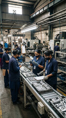 Fototapeta premium Female factory workers inspecting metal components on industrial assembly line