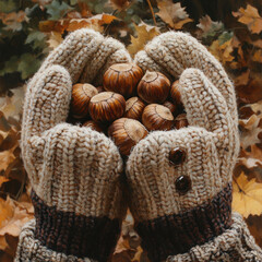 Obraz premium A pair of knitted mitts with acorns.