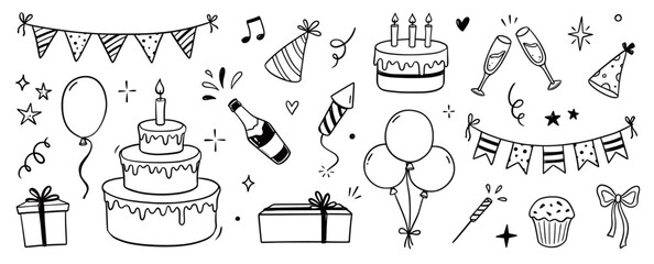 Birthday doodle icon element. Hand drawn sketch doodle birthday cake, party gift, event hat cute decoration element. Party, carnival celebration concept background. Vector illustration