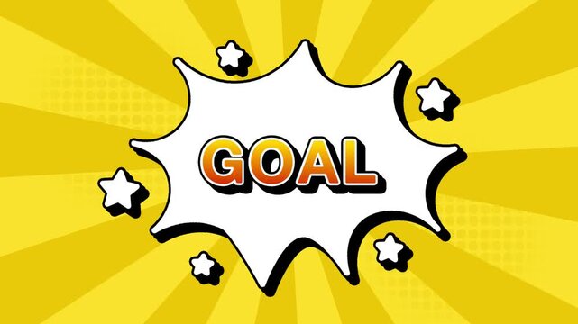 Goal text word lettering popup comic cartoon reveal with bomb and smoke explosion manga anime book page dots with radial speed lines doodle yellow background with seamless loop animation retro goals