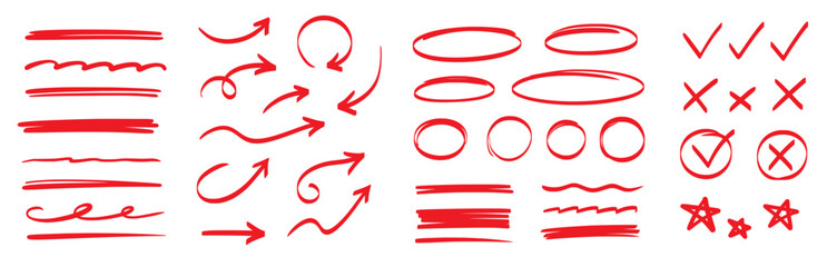 Plakat Line marker highlight, arrow, check mark red set. Line red marker hand drawn pen brush stroke underline check. Star oval sticker sign note scribble emphasis icon element. Vector illustration