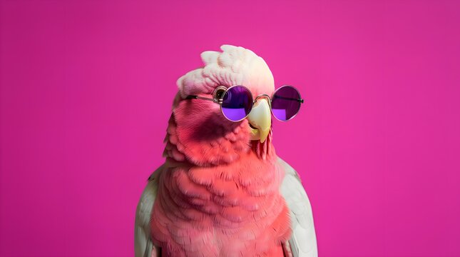 Funky galah parrot wearing stylish purple round sunglasses posing directly against a vibrant, solid hot pink background in a studio portrait setting