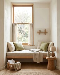 Fototapeta premium Cozy window seat reading nook with cushion and blanket in alcove