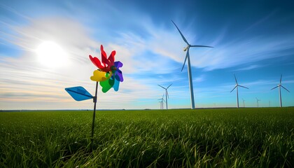 Fototapeta premium A vibrant multicolored pinwheel stands tall in a lush green field contrasting sharply with a distant row of massive white wind turbines under a bright sunny sky