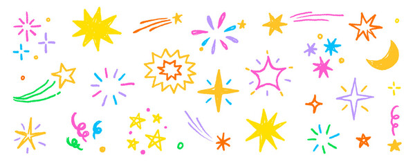 Star sticker crayon texture icon set. Star icon kid sketch hand drawn line marker crayon brush color texture..Cute cartoon funny childish magic twinkle glow pastel decoration. Vector illustration. © Polina Tomtosova