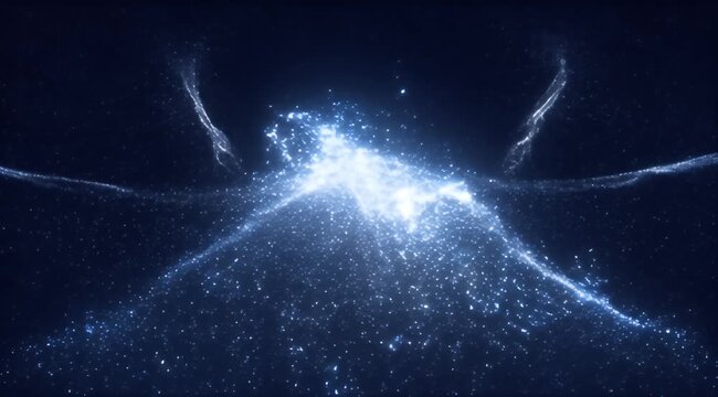 Ethereal blue light particles form a celestial wave against a dark void