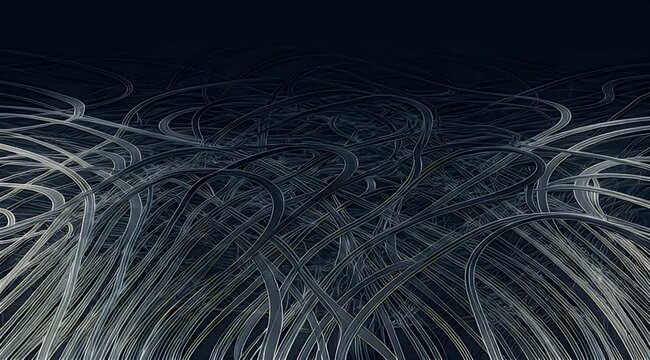 A dark, abstract background of interwoven, curved lines and organic shapes