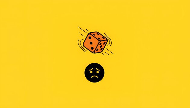 Minimalist illustration depicting the concept of bad luck or unfortunate chance symbolized by a rolling die hovering above a sad face emoji against a bright yellow background.