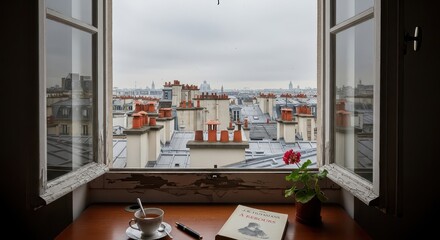 Open window frames a vast urban landscape of rooftops and chimneys under a gray sky