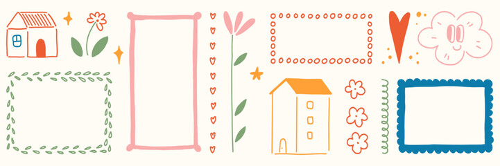 Hand drawn frames and elements asset pack. Scallop borders, flower, stars, heart and house, Trendy vector decorative sticker for invitations, greeting cards and menu. © gorozhinak