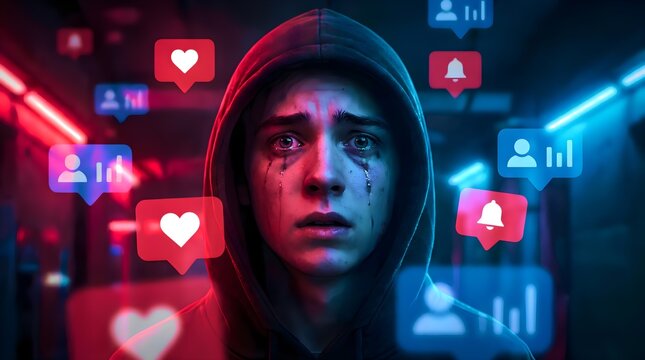 Distressed young man in a dark hoodie overwhelmed by glowing social media notification icons representing cyberbullying and digital pressure in neon light