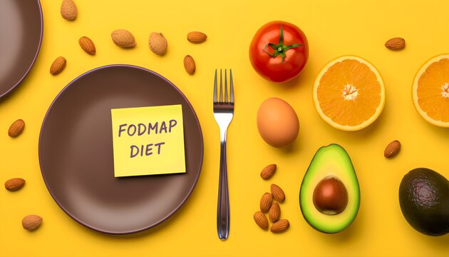 Low fermentation foods featuring an avocado tomato orange egg and almonds are presented around a plate labeled fodmap diet concept for digestive health