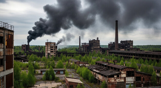 Dramatic scene of a sprawling abandoned industrial complex, with one chimney actively belching thick black smoke against an overcast sky, symbolizing environmental crisis and urban decay