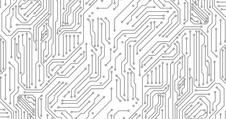 Abstract digital circuit board with black lines and nodes arranged in two distinct sections on a white background. 