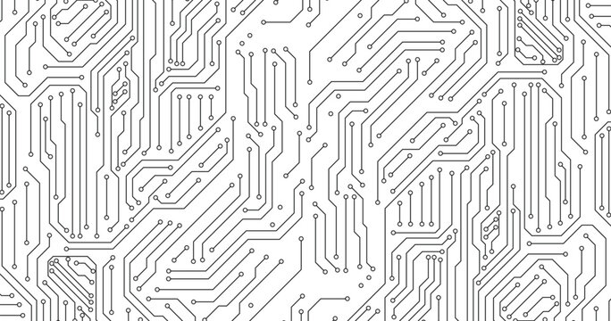 Abstract digital circuit board with black lines and nodes arranged in two distinct sections on a white background. 