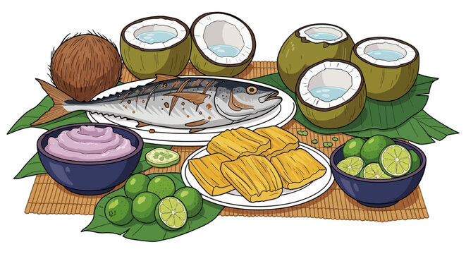 Fresh seafood and tropical fruits arranged on a woven mat in a vibrant still life composition from directly above viewpoint