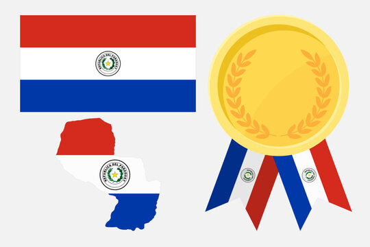 Paraguay flag with map and gold medal in set for web and banners or app and games