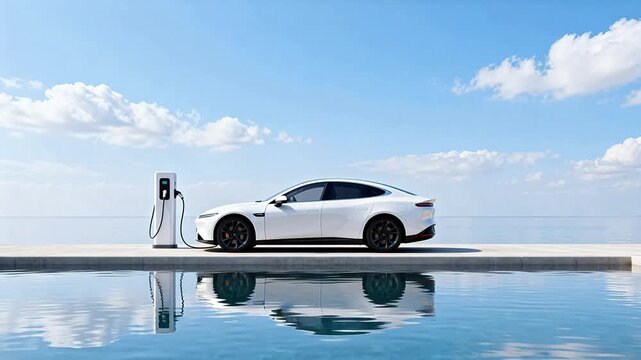 White electric car charging by water