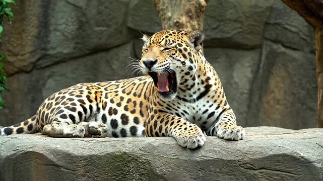 A jaguar rests peacefully on a rock, with spotted fur and closed eyes