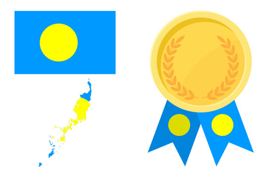 Republic of Palau flag with map and gold medal in set for web and banners or app and games