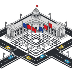Naklejka premium Government Building with Flags and Roads.