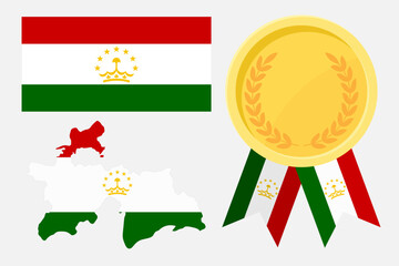 Naklejka premium Tajikistan flag with map and gold medal in set for web and banners or app and games