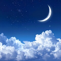A serene night sky with crescent moon and fluffy clouds
