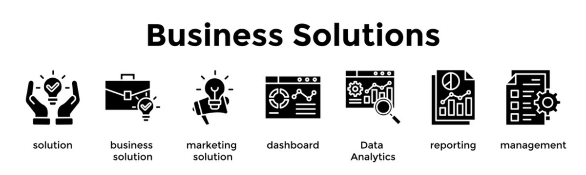 Business Solutions Banner Web Icon Vector Illustration Concept For Solution, Business Solution, Marketing Solution, Dashboard, Data Analytics, Reporting, Management
