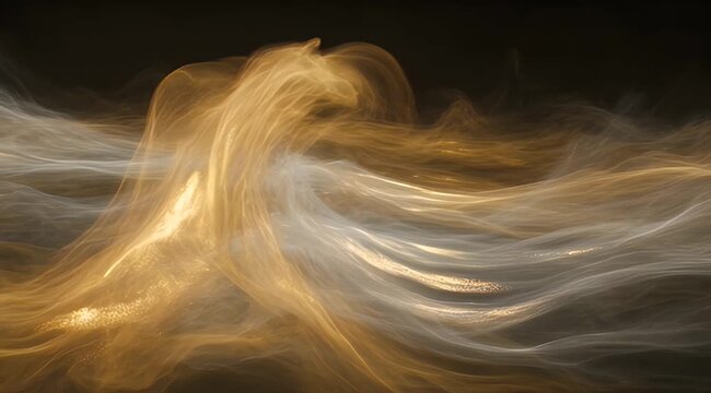 Ethereal golden and white smoky wisps flow across a dark, abstract background