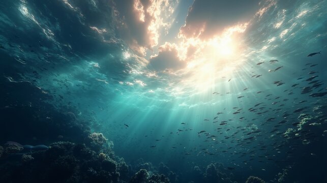 A large group of fish swimming in the ocean under a cloudy sky