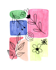 Colorful abstract drawing featuring floral and geometric shapes