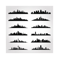 Obraz premium Silhouettes of various city skylines arranged in a grid pattern