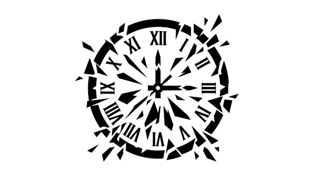 A black silhouette of a classic clock face with Roman numerals, shattering into numerous fragments, symbolizing the passage of time, broken time, or urgency.