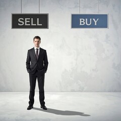Obraz premium A suited man standing between sell and buy signs