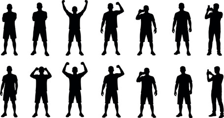 Male standing poses silhouette collection showing confident men gestures, flexing muscles, taking photos, casual body language positions isolated vector set © SreemotiArponaBala