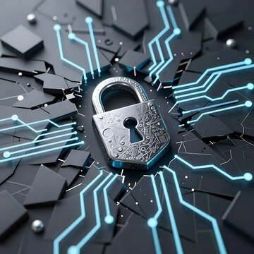 secure connection or cybersecurity service concept of compute motherboard closeup and safety lock with login and connecting verified credentials as wide banner design - Generative AI