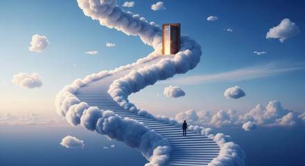Obraz premium Stairway constructed of clouds ascends toward a glowing portal suspended in the blue expanse