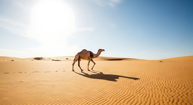 A camel walks across the sand dunes in a desert landscape under a clear blue sky with the sun shining brightly.