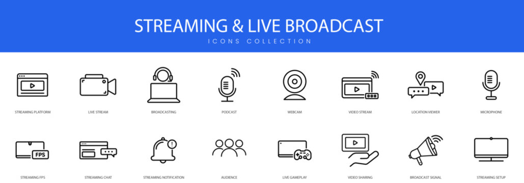 A set of modern line icons depicting digital media streaming live broadcasting and content creation