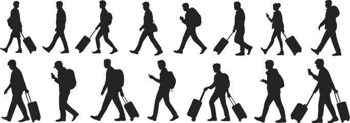 Fototapeta premium Diverse group of travelers with luggage and phones in silhouette on white Keywords: silhouette, traveler, travel, luggage