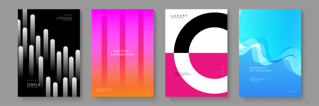Bundle of four creative poster templates featuring vertical bars, waves, and circular geometric designs in bright colors