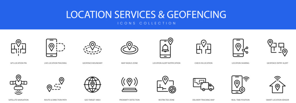 Detailed stroke icons for geographic tracking navigation services and geofencing boundaries