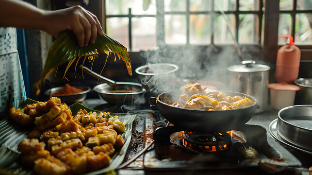 Skilled hands prepare traditional fried snacks on a banana leaf near steaming curry, showcasing rustic home cooking