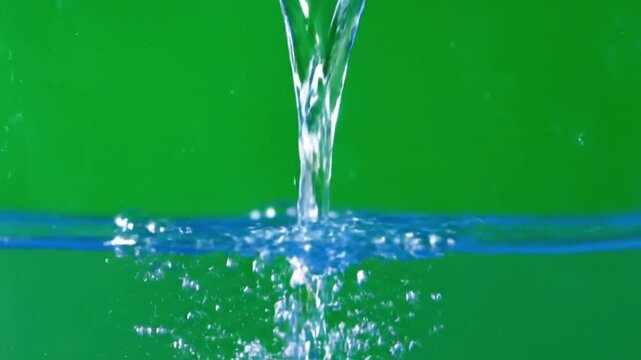 Smooth slow motion water stream descending from above gradually occupying the entire frame clear bluish transparency with delicate floating bubbles gentle ripple patterns spreading outward realistic f