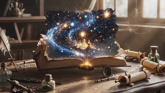 Glowing open book floating above a vintage desk surrounded by scrolls and ink bottles