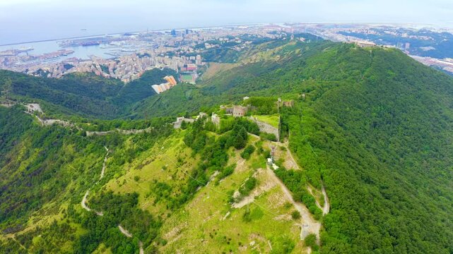 Genoa, Italy. Forte Sperone is a key point of the 19th-century Genoese fortifications and is located on top of the Mura Nuove. View of Genoa. Drone footage, Point of interest