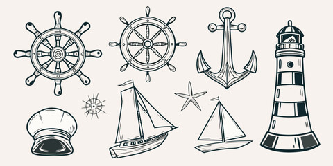Nautical themed illustrations featuring steering wheels anchors and a lighthouse © Sabuj