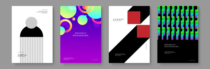 Fototapeta premium A collection of four professional abstract background posters featuring geometric shapes vibrant gradients and minimalist layouts for corporate or creative use